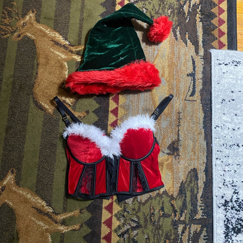 Spencer's Santa Christmas Corset Bra with Green and Red Santa Hat
